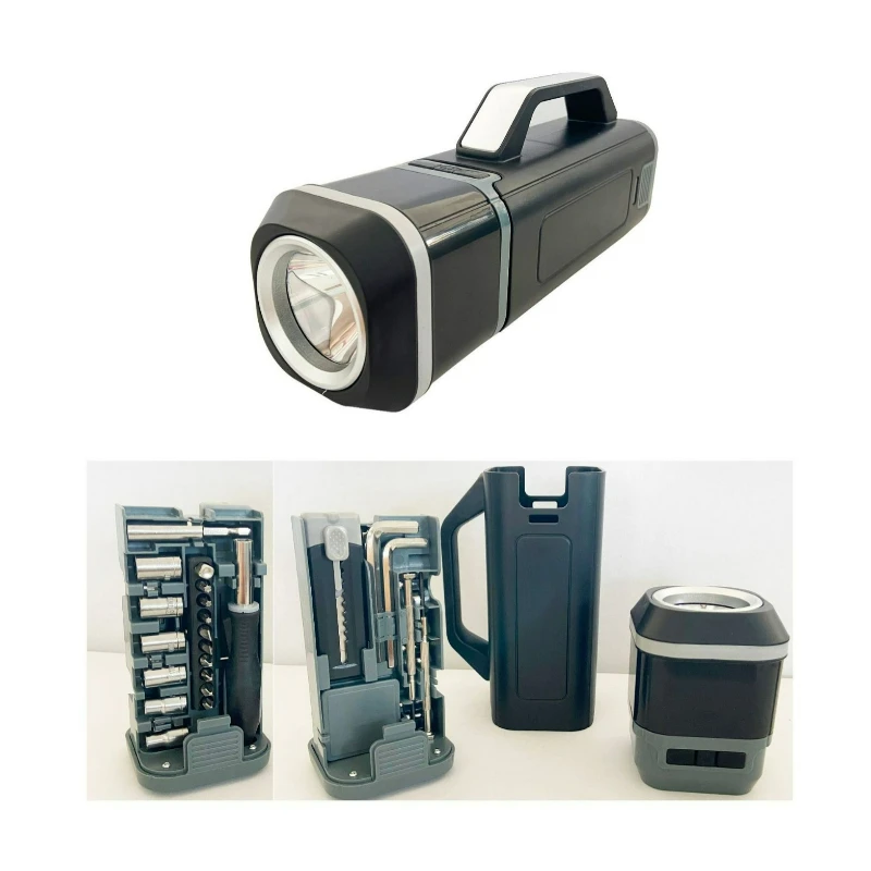 صندوق أدوات محمول متعدد الوظائف DK-106 مع مجموعة أدوات مصباح يدوي عالية السطوع، صندوق أدوات متين ومحمول للإصلاحات