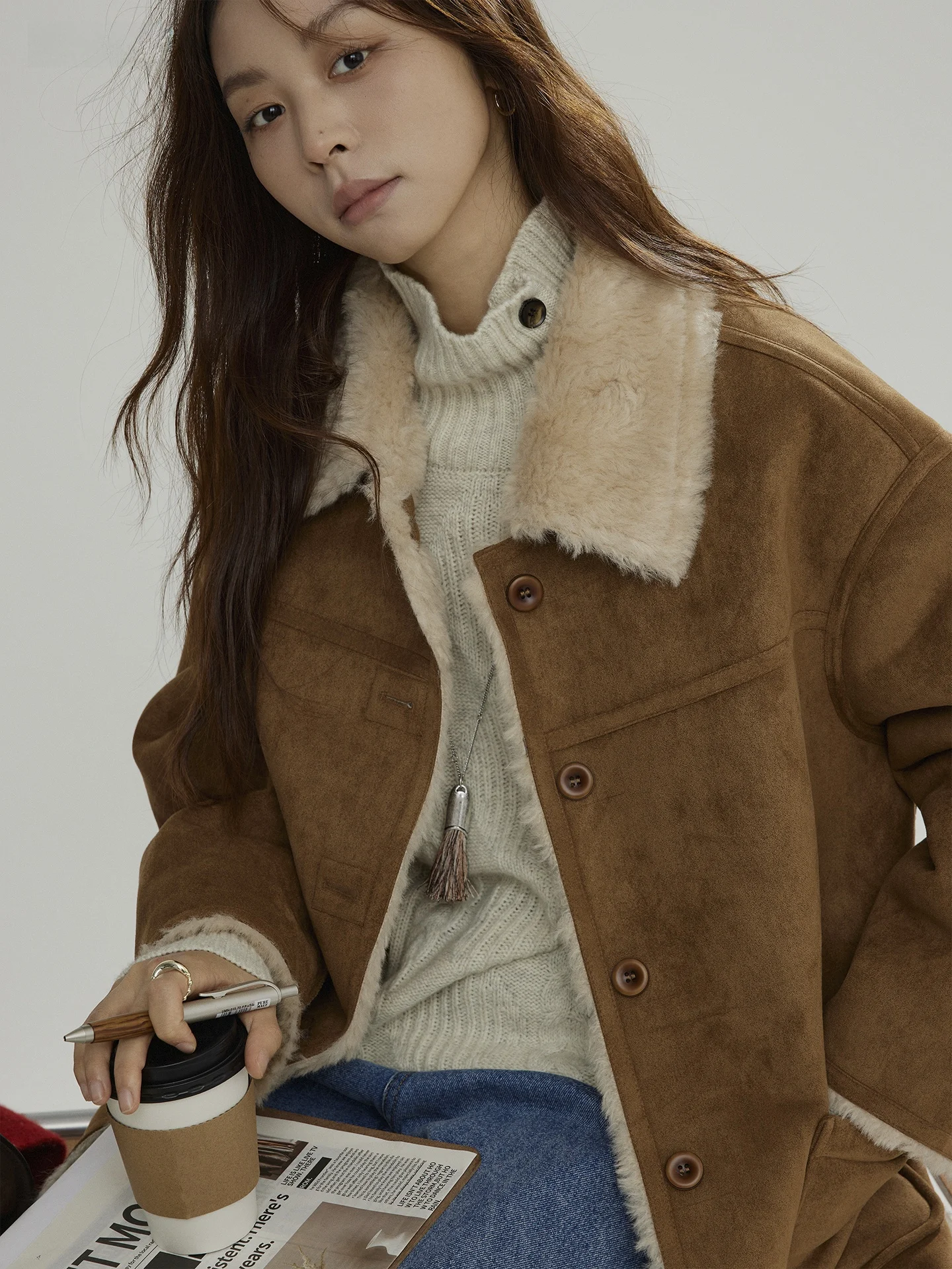 Joli اختر معطف نسائي من جلد الغزال على الوجهين من الفرو كاجوال Sle طويل Sve معطف بأزرار إغلاق ملابس خارجية فضفاضة تناسب