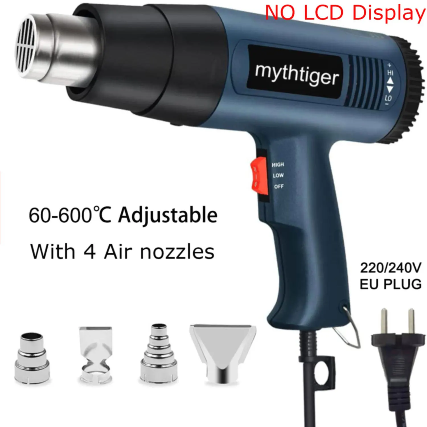 2000W Heat Gun Professional Hot Air Gun Adjustable Temperature 60-600 D 4 Nozzles for DIY Stripping Paint Shrinking PVC and Home