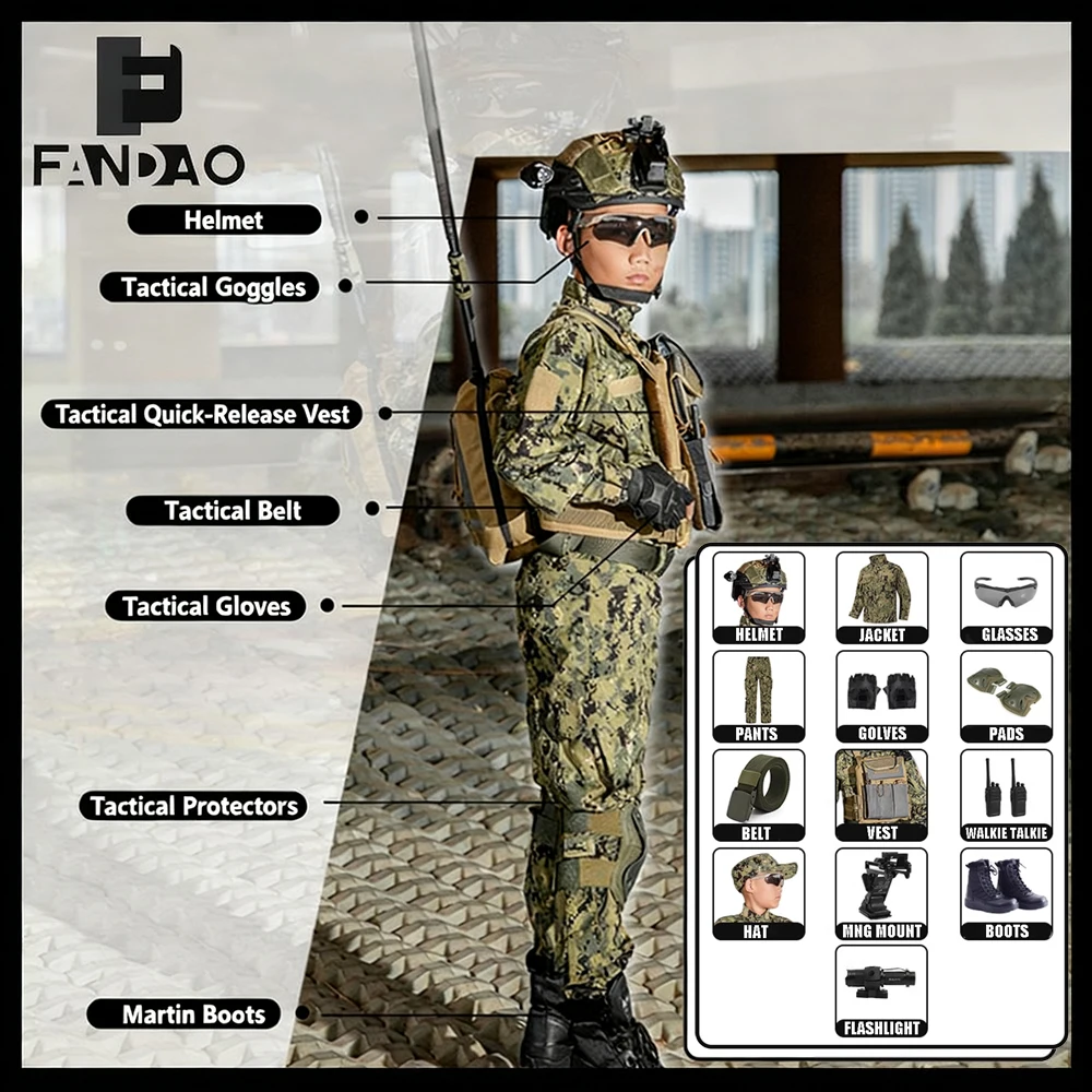 Tactical Children's Camo Outfit Set Long-Sleeved Training Performance Uniform Boys Girls Jungle Special Forces Combat Costume