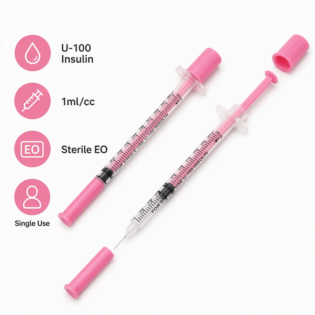 100Pcs Pink 1ml Insulin Syringe with 30G/31G 8mm Needle Sterile Disposable Syringe Individually Wrapped for  Lab, Pets Animal
