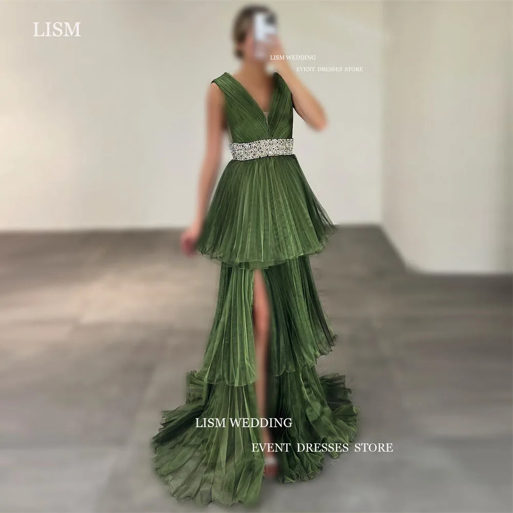 

LISM Green Deep V-Neck Evening Dresses Pleat A-Line Split With Crystal Belt Formal Prom Gowns For Women Party Dress