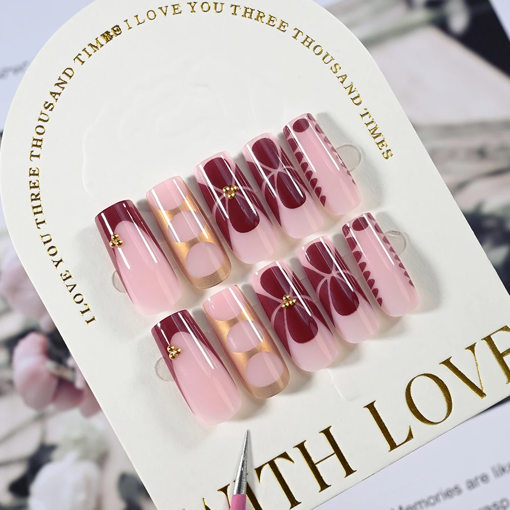 Faux ongles français en forme de cercueil, fleur rétro, longs, Caviar, perle florale, or, Design creux, pointes à pression, acrylique Y2k, 24 pièces