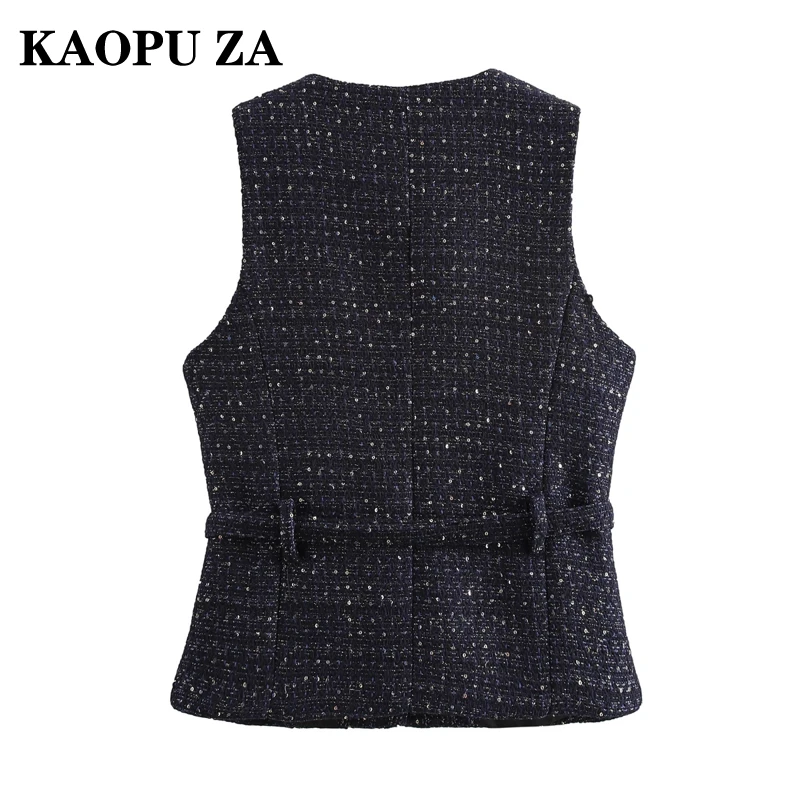 KAOPU ZA 2024 Autumn Woman Party Sleeveless Vest Waistcoat Edgy Female V-Collar Gilet Ruffles Regular Fit Pockets Top Sequins