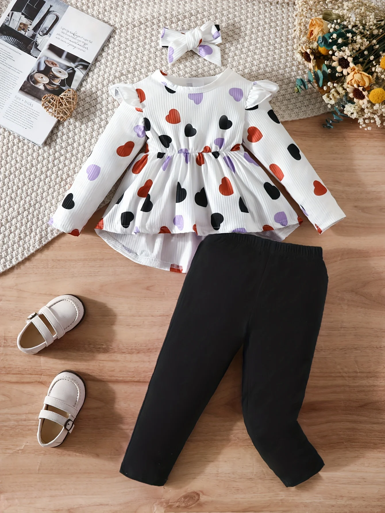 Baby spring and autumn full-heart printed small waist long sleeve top + solid color pants + headscarf suit