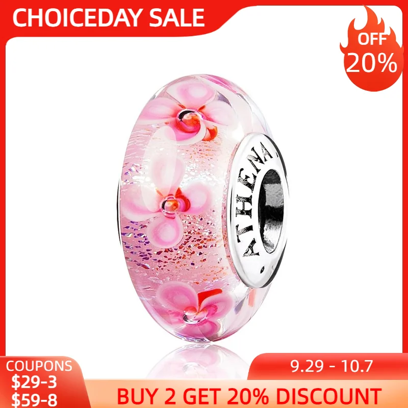 

ATHENAIE 100% 925 Sterling Silver Core Pink Field of Flowers Murano Glass Beads Fit European SStyle Women Charm Bracelets Bangle