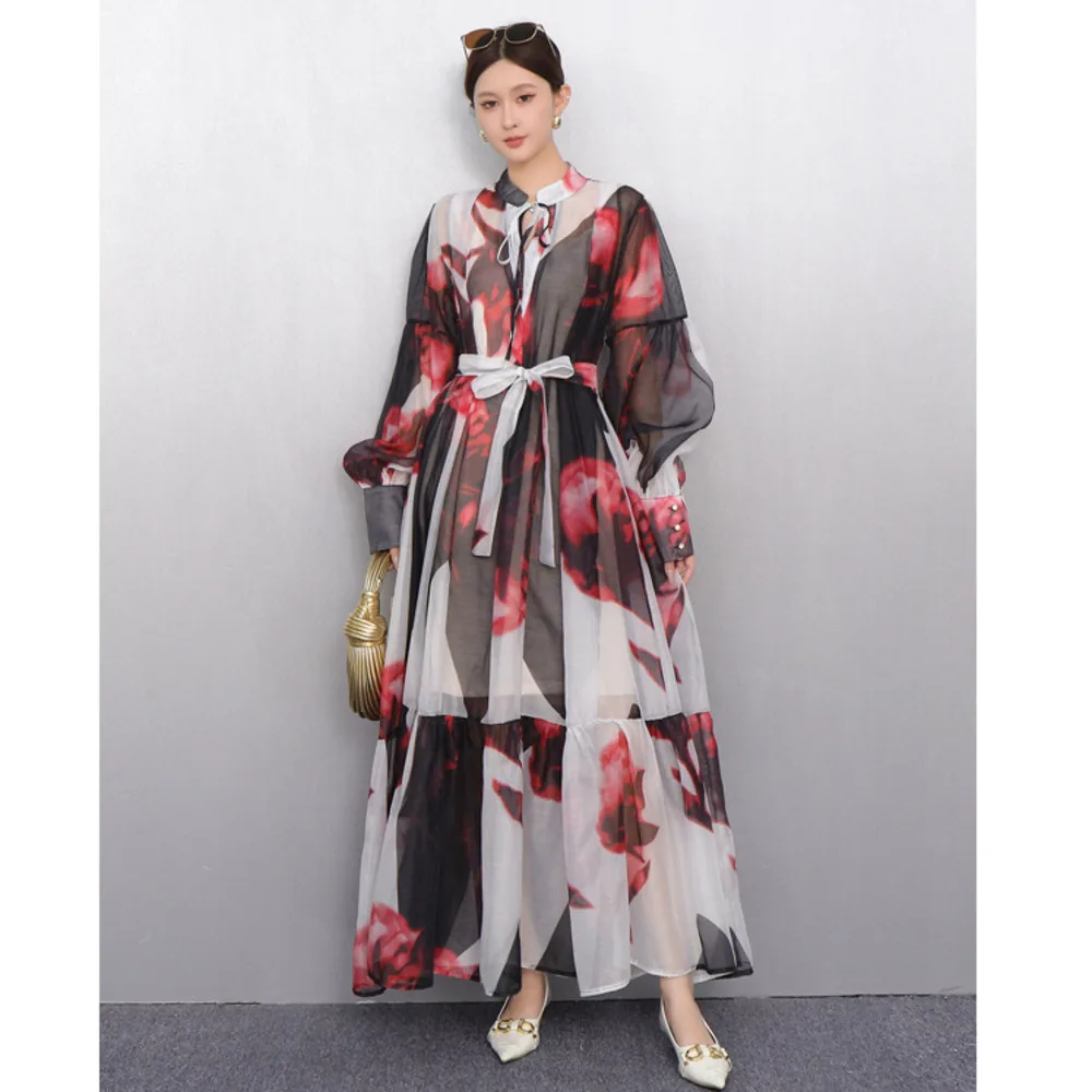 

2025 Summer New Women's Loose Oversize Print Chiffon Long Dress Fashion Elegant Slim Dresses For Women Vestido De Mujer Robes