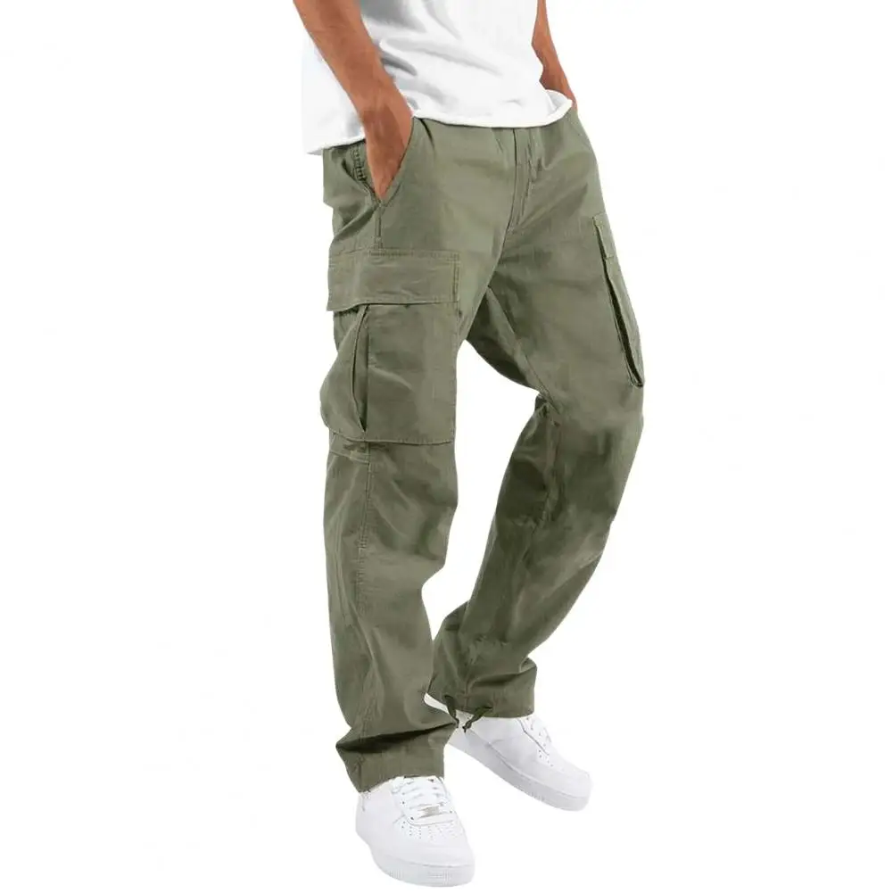 

Men Solid Color Trousers Men's Cargo Pants Multi-pocket Baggy Trousers Loose Fit Straight Leg Joggers for Streetwear Gym Running