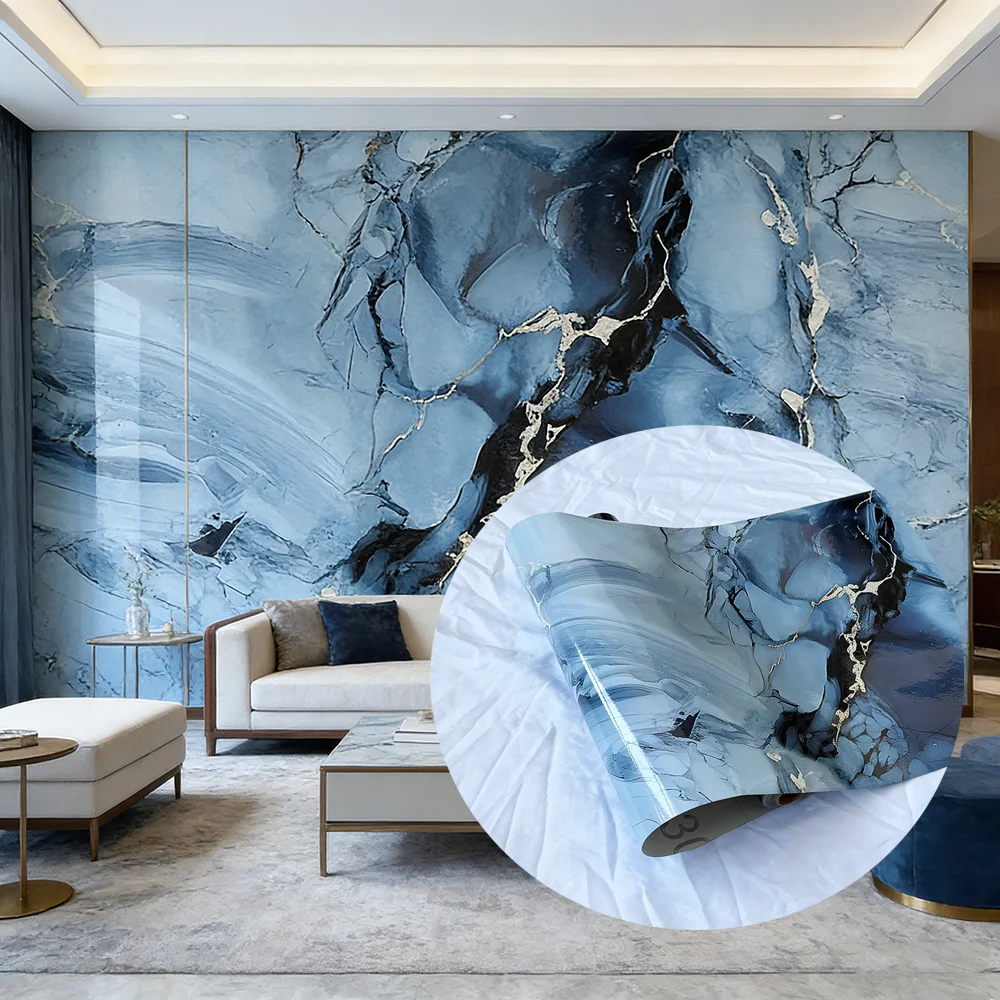 Luxury Metallic Marble Blue Marble Aluminum Self-Adhesive Wallpaper Waterproof Reflective Surface for Feature Modern Interior