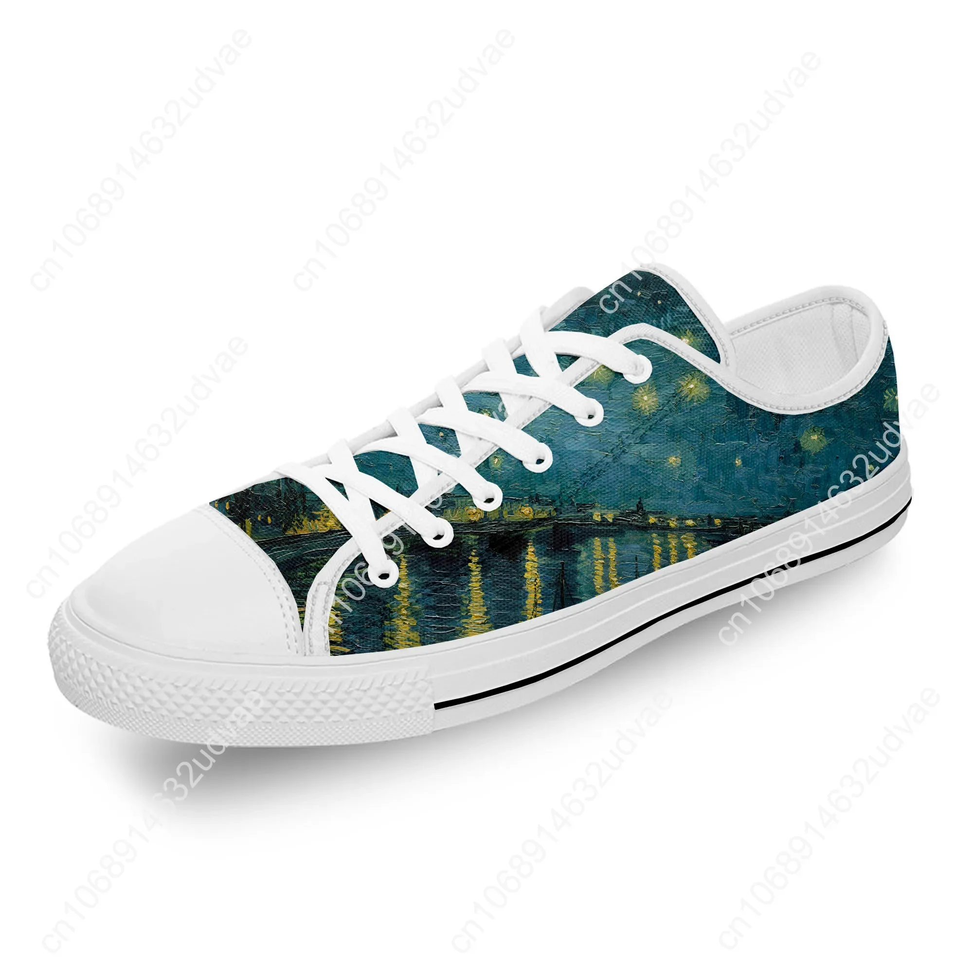 Van Gogh Oil Painting Aesthetic Starry Night White 3D Print Low Top Canvas Shoes Men Women Lightweight Breathable Sneakers