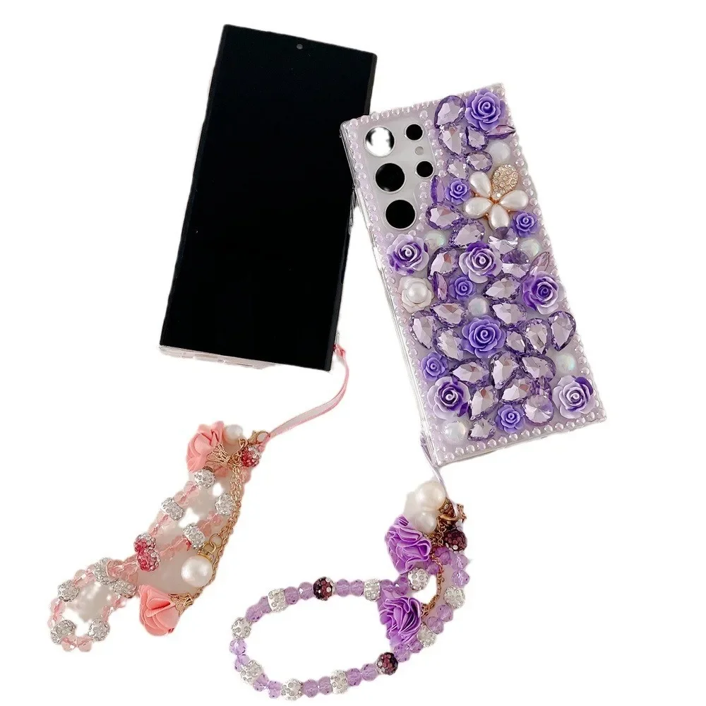 フルブリンブリンダイヤモンド椿の花ケース三星銀河 S25 S24 S23 S22 S21 S20 ウルトラプラス FE パールクリスタルハンドチェーンカバー