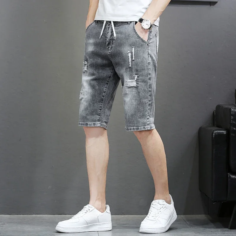 Man Denim Shorts Stretch Drawstring Ripped with Pockets Short Jeans Pants for Men Luxury Original Trend 2024 Rude Streetwear Emo