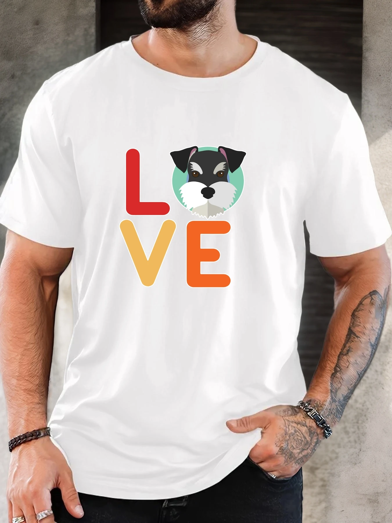 Men Black Crew Neck Tee Colorful Love Letter Mini Schnauzer Dog Head Cartoon Pet Lover Soft Cotton Male Casual Short Tops