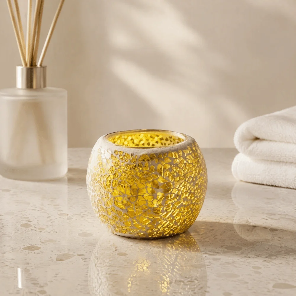 Round Bowl Shape Mosaic Glass Candle Holder Yellow Glass Material Votive Candle Holder 3.35x2.76in Tea Light Holder