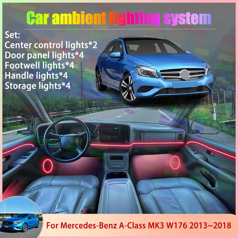 

Для Mercedes-Benz A-Class MK3 W176 2013 ~ 2018 2014 2/18 в 1, автомобильная атмосферная лампа, RGB абажур, ансамбль, стример, атмосферный набор