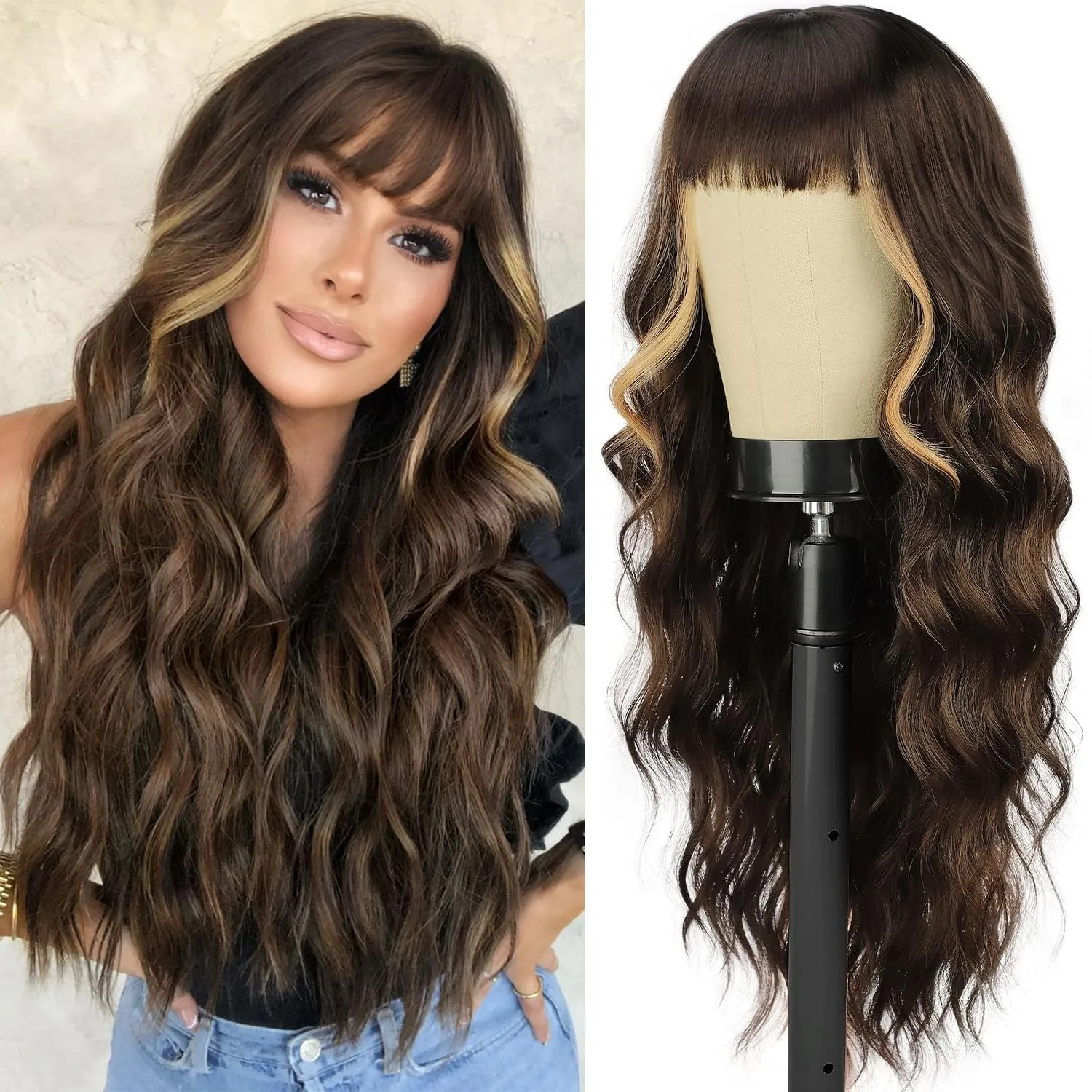 

Long Wavy Wigs with Bangs for Women Ombre Wig Synthetic Wavy Hair wigs