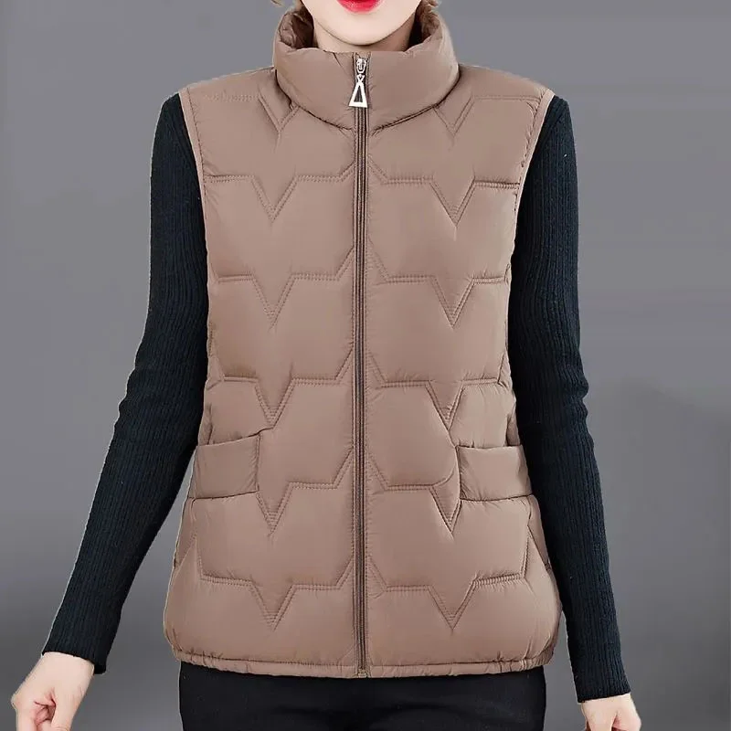 

Middle aged Women's Down Cotton Vest 2024 New Stand-up Collar Warm Cotton Waistcoat Femme Loose XL-5XL Sleeveless Jacket