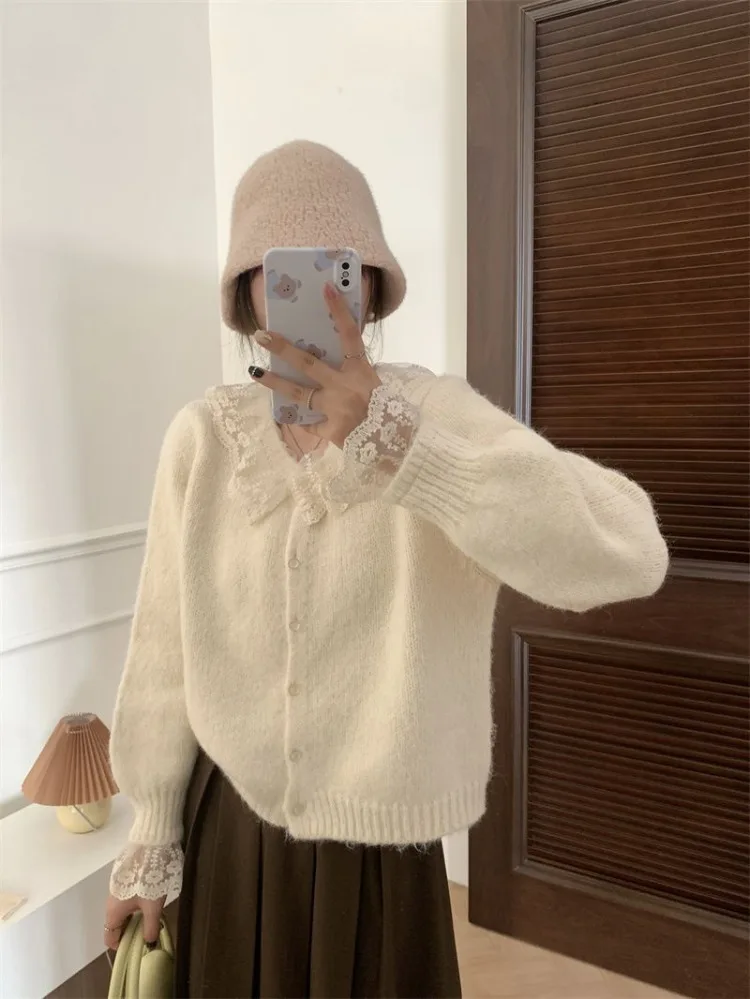 Ezgaga Knitted Cardigan Women Sweet Elegant Lace Patchwork Outwear Stretch Sweater Peter Pan Collar Autumn Winter Female