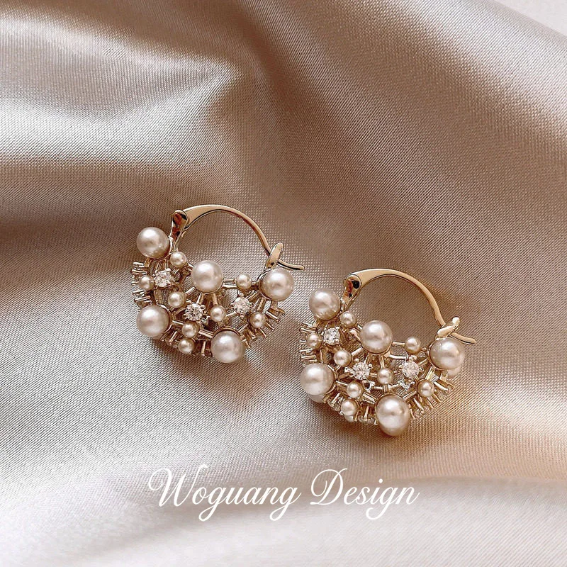 France Vintage Rhinestone Pearl Flower Earrings For Women Exquisite Luxury Basket Ear Clips Wedding Party Statement Jewelry Gift