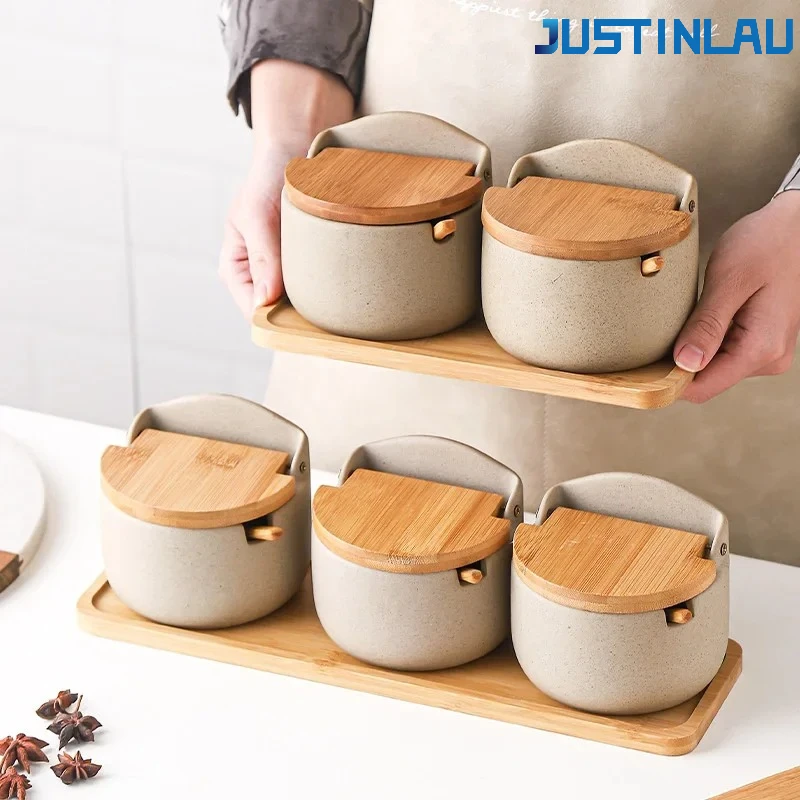 JUSTINLAU Spice Jars Set Ceramic Seasoning Jar  Salt and Pepper Shakers with Spoon Lid Seasoning Box with Pallet Salt Shaker