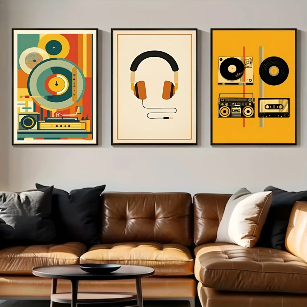 3pcs  frameless Vintage Music Art Phonograph Radio and Headphones Vinyl Records Cassette Tapes Retro Music-Themed Canvas Posters