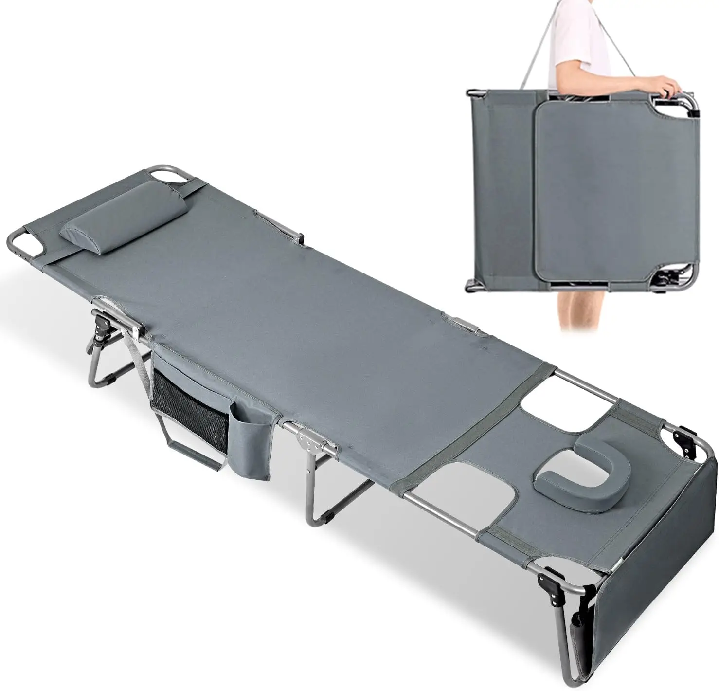 

Регулируемое складное кресло для загара с отверстием для лица, съемной подушкой и карманом для пляжа и кемпинга