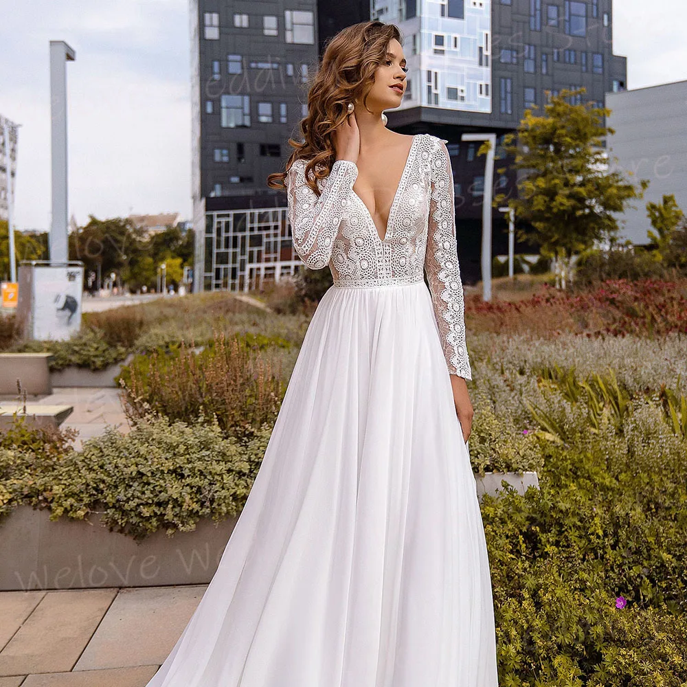 Fashionable A Line Women's Wedding Dresses New Lace Appliques Bride Gowns Sexy V Neck Long Sleeve Backless Vestidos Novias Boda