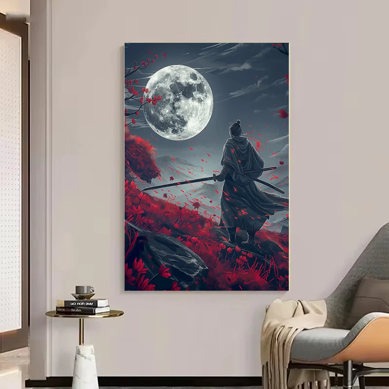 Samurai Warrior Red Moon Canvas Painting Japanese Natural Landscape Mountain Temple Posters Vintage Wall Art Prints Home Decor - view 4