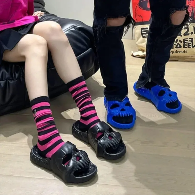 Y2k House Slippers women Cloud Summer Soft Sandal skull Flip Flops Men Male Demon Thick Flat Platform Non slip Home slides men