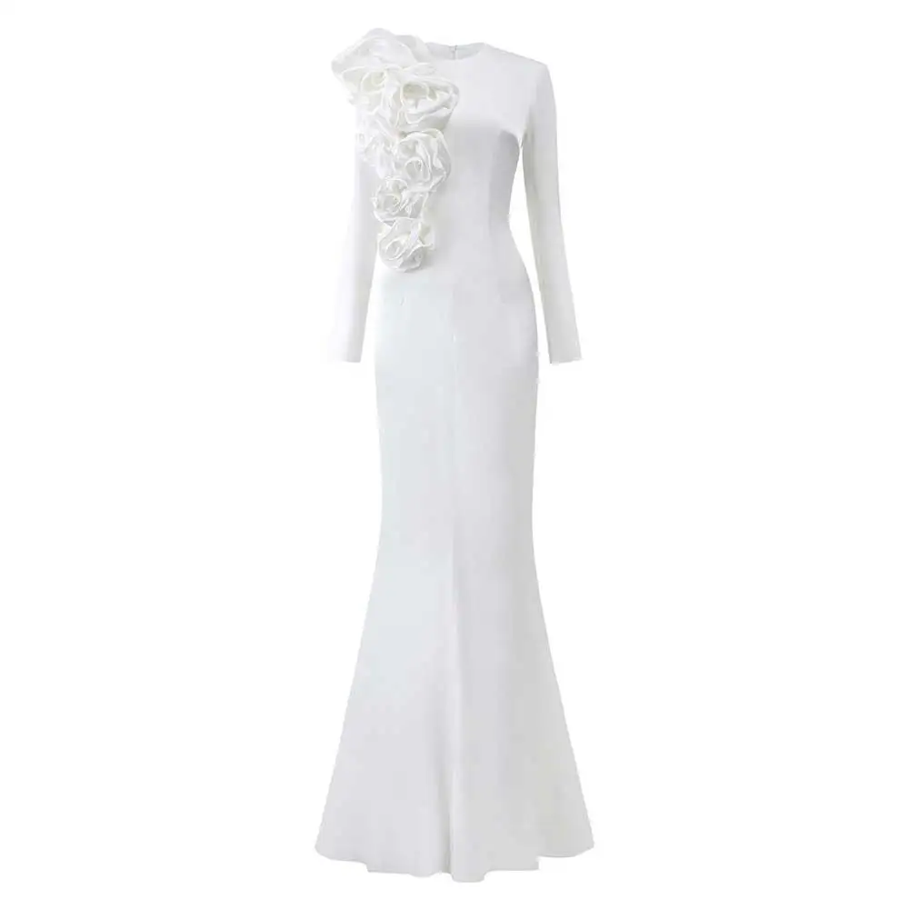 YUNLAN Vietnamese Luxury Bermaid 3D Rose Long Sleeve Evening Dress 2024 Elegant Dubai Bride White Wedding Dress Long Dress