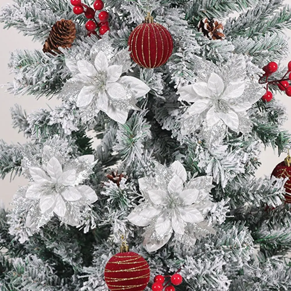 14cm Christmas Flower Glitter Finish with Detachable Clips Christmas Tree Ornaments Layered Petals Glitter Floral Picks