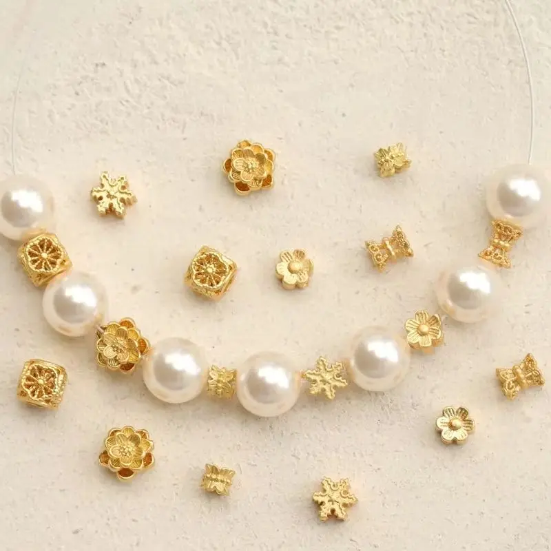 

10pcs 14K Gold Color Matte Gold Through-hole Beads Snowflake Square Lotus Loose Beads Necklace Bracelet DIY Handmade Accessories