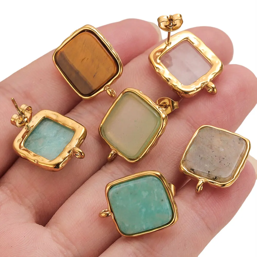 4pcs Stainless Steel Square Natural Stone Earring DIY Jewelry Making Supplies Hooks Jump Ring Connectors Earring Base Blank