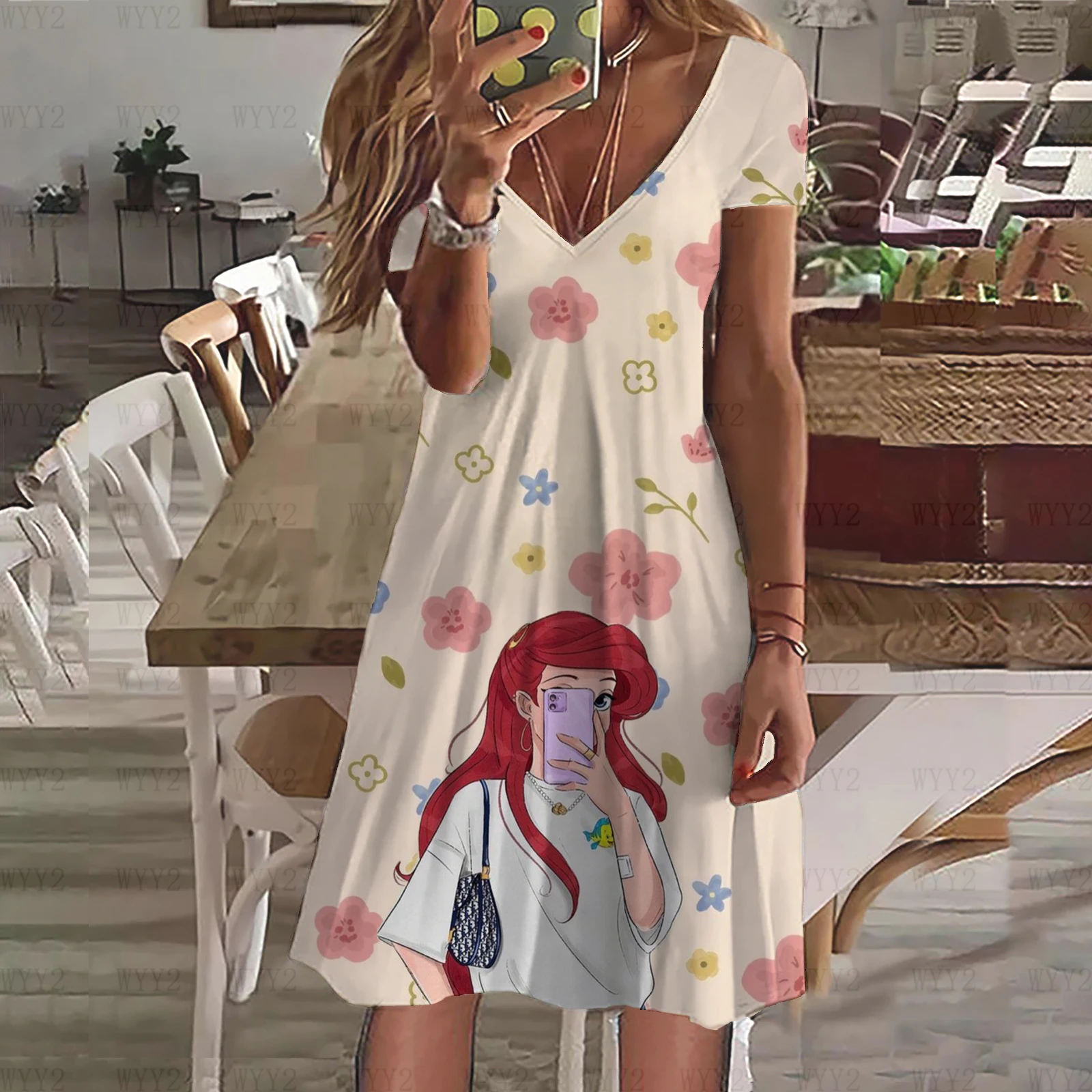 فستان نسائي أنيق جديد بتصميم ريترو من أميرات ديزني فاميلي مطبوع بخصر نحيف فستان للشاطئ