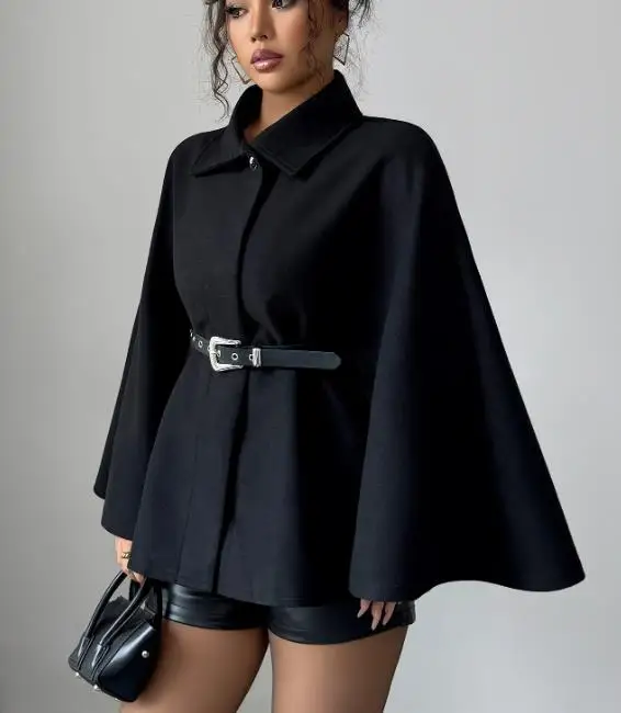 الملابس النسائية 2025 الخريف والشتاء أحدث أنيقة أسلوب بسيط بلون زر معطف واسع الأكمام التنقل معطف الرجعية