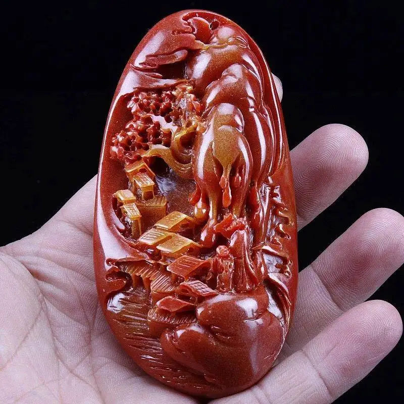 Carved Shoushan Stone Hand Piece Figurine Sunrise Promotion Meaning Desktop Ornament Collectible Home Decor