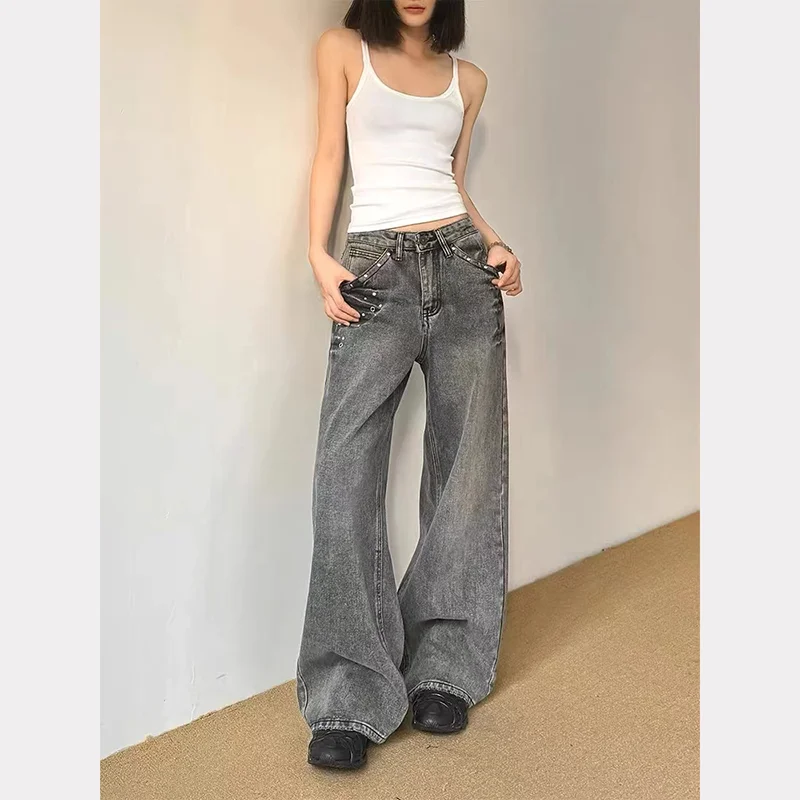 

Women's Gothic Black Beaded Lightning Pattern High-Waisted Jeans 90s Japanese Harajuku Loose Wide-Leg Trousers Micro-Flare Pants