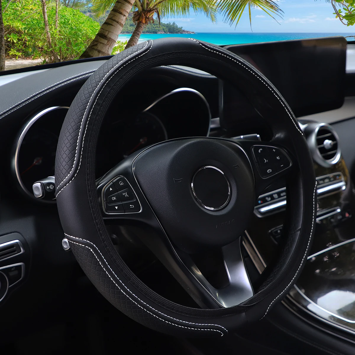 PU Leather Embossed Steering Wheel Cover 14.5-15 Inch round Rimless Design for All Seasons Men Women Cars image 4