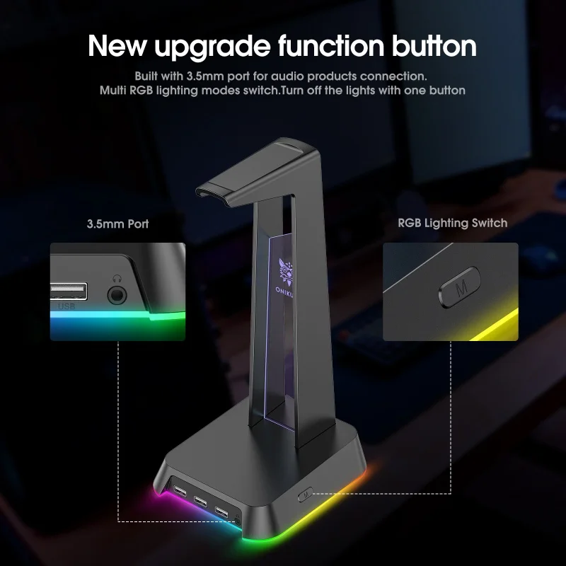 

Romoral Gaming Headphone Stand 7 Color RGB Headset Holder Type-c 2 USB Ports Headphone Holder For Gamers PC Accessories Desk