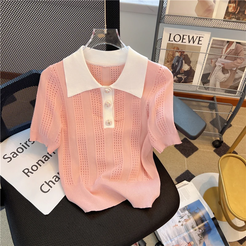 Coreano gelo seda malha camisola camisetas femininas topos 2025 verão manga curta oco para fora moda solta elegante senhoras malhas