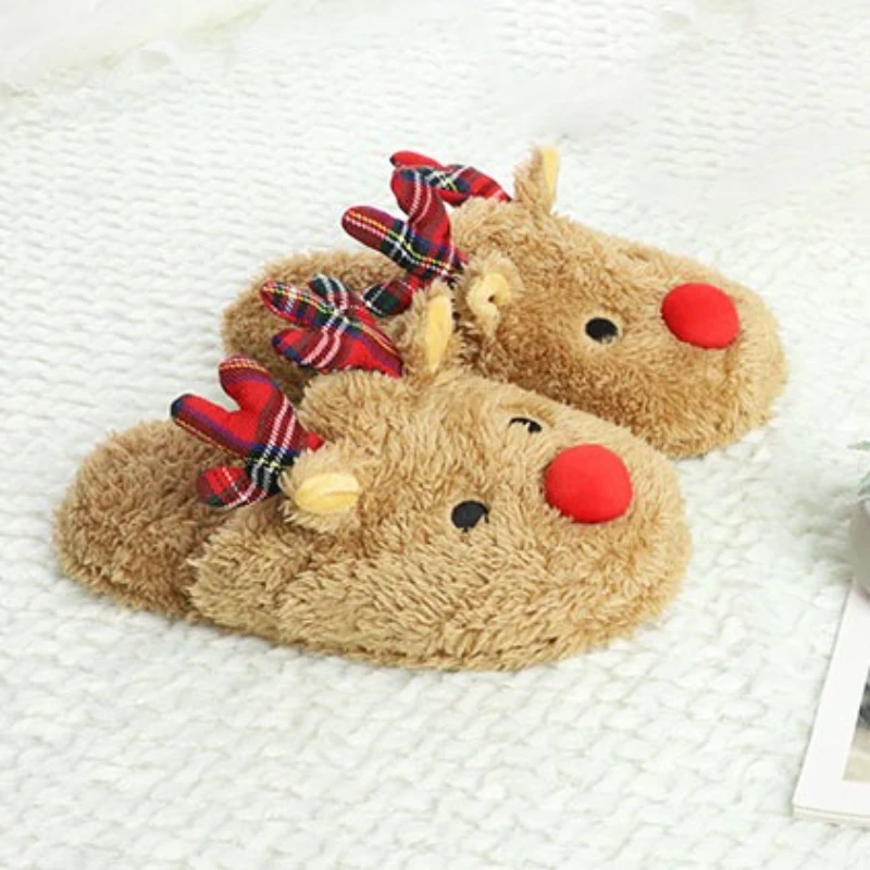 Christmas-themed homewear: non-slip cartoon-print soft cotton fleece faux lambskin antler parent-child matching slippers - Image 3