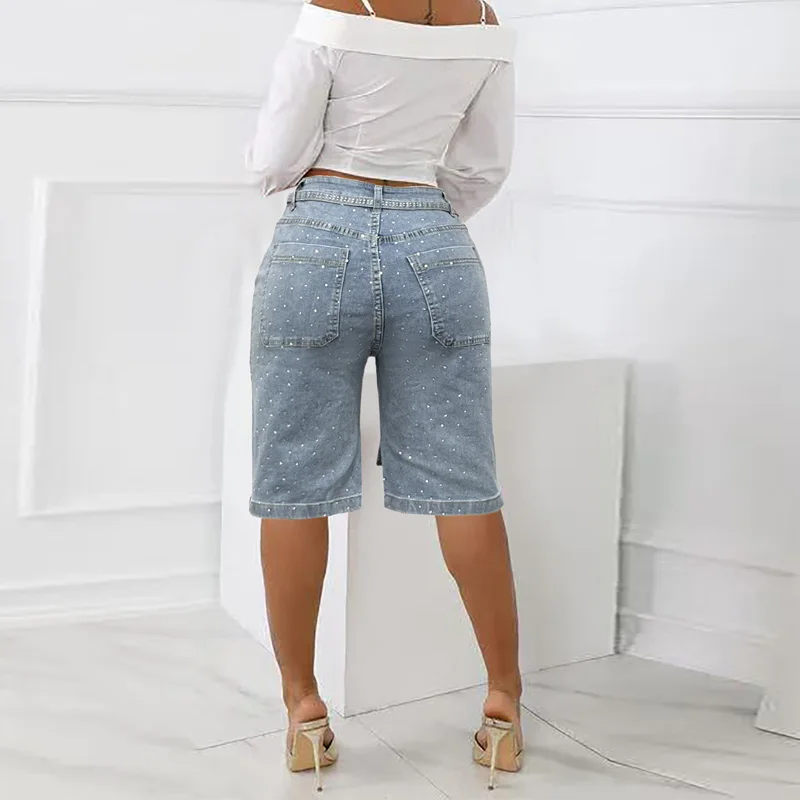 Benuynffy Streetwear Rhinestone Half Denim Pants Women's Summer 2025 New Vintage Mid Waisted Loose Straight Wide Leg Jeans