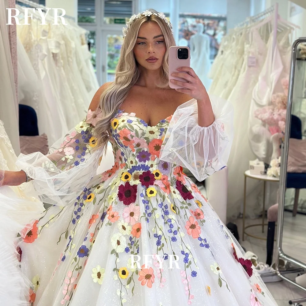 

RFYR Floral Party Dress Detachable Sleeve Prom Gown Off Shoulder Princess Gowns Sweetheart Celebrity Dress Customized