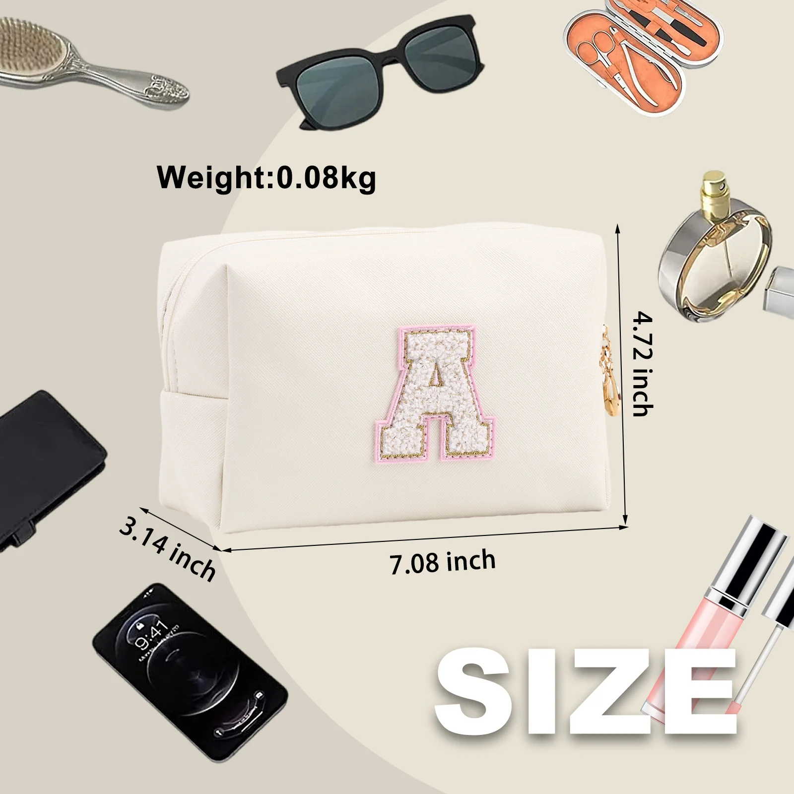 Personalized Initial Makeup Bag Cute Letter Zipper Cosmetic Bags for Women, Preppy Makeup Pouch Travel Toiletry Bag Organizer