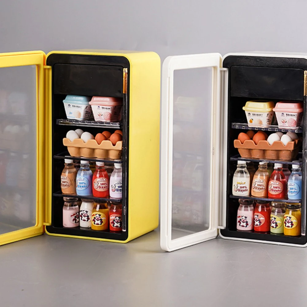 ثلاجة سوبر ماركت لبيت الدمى محاكاة 4 ألوان ثلاجة صغيرة مع ضوء 1:12 نموذج أثاث لعبة مطبخ مصغرة