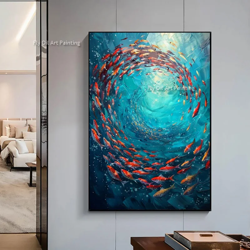 New Design Abstract Deep Sea School Of Fishes Oil Painting Handmade Blue Sea View Thick Canvas Wall Art For Living Room Decor