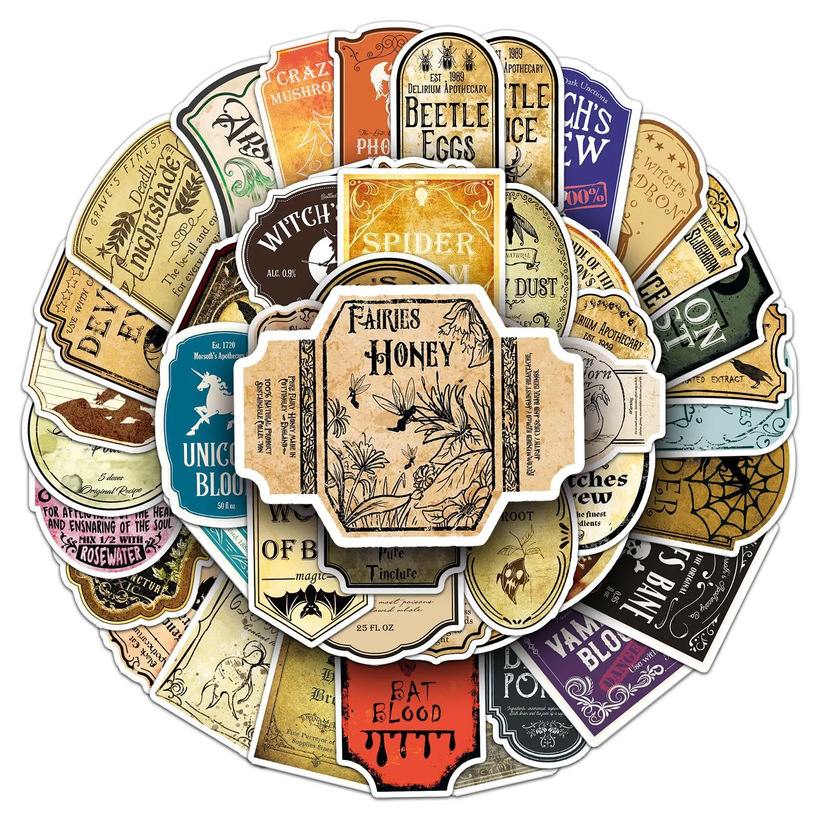 50PCS 마법 물약 만화 스티커 레트로 스타일 그래피티 고딕 장식 DIY 장난감 냉장고 노트북 기타 자전거 스케이트보드 데칼