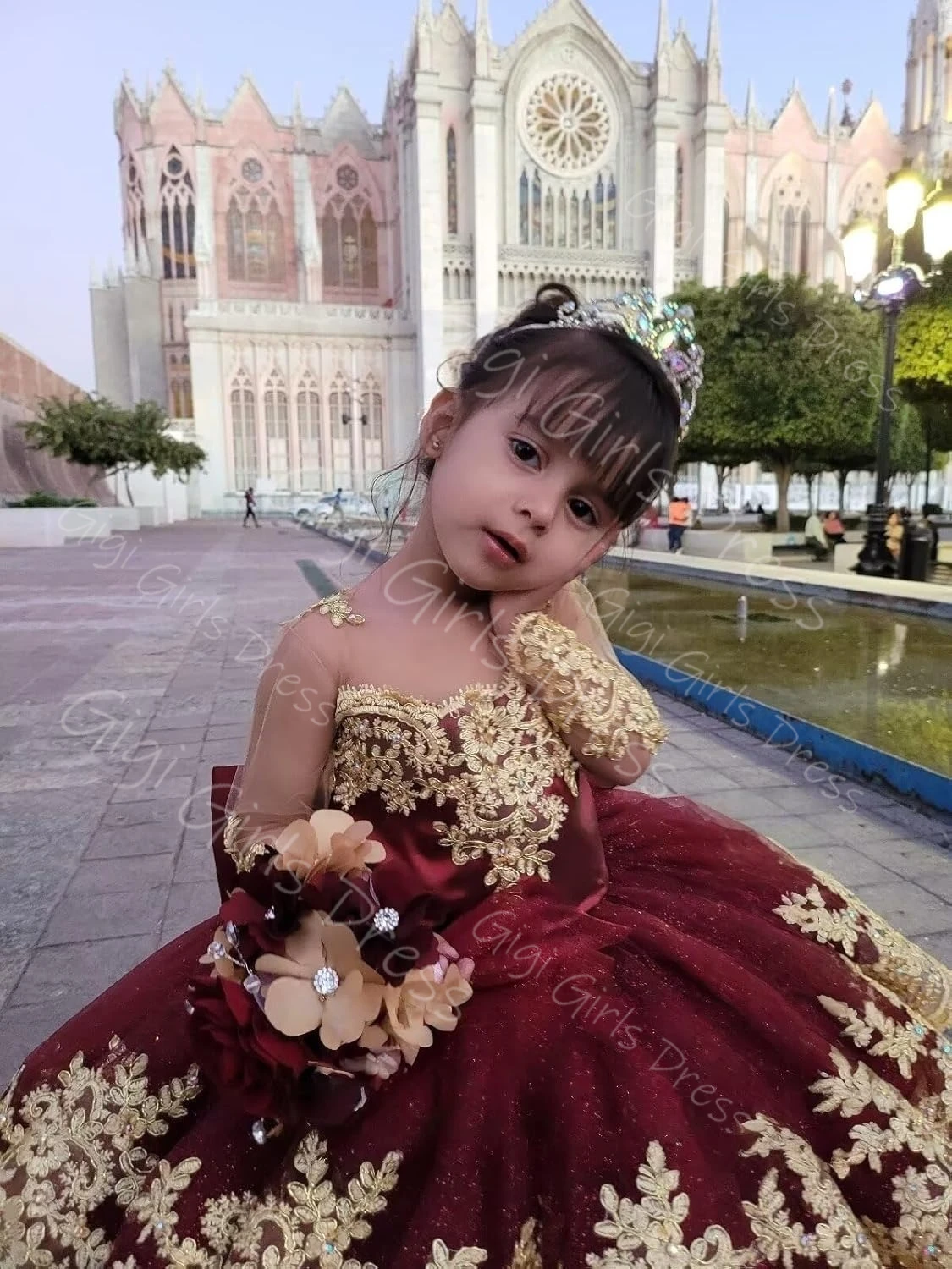 Платье с цветочным узором для девочек с длинными рукавами и бантом, многоуровневое золотое кружевное фатиновое пышное платье принцессы, детское бальное платье для дня рождения по индивидуальному заказу