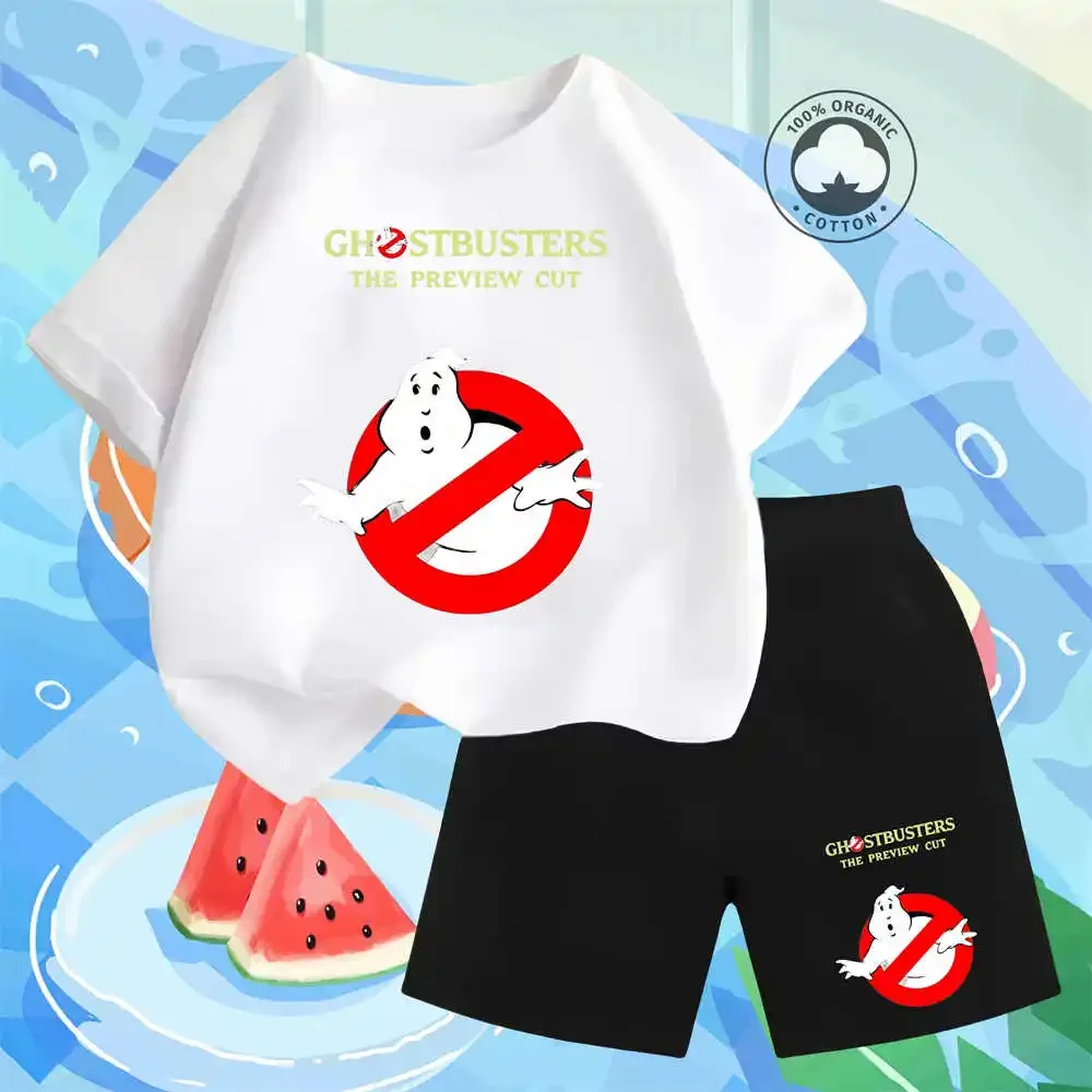 New Summer Boys Girls Kids T-shirt set Shorts Fun Ghostbusters game cartoon animated cotton print short sleeve top for teens