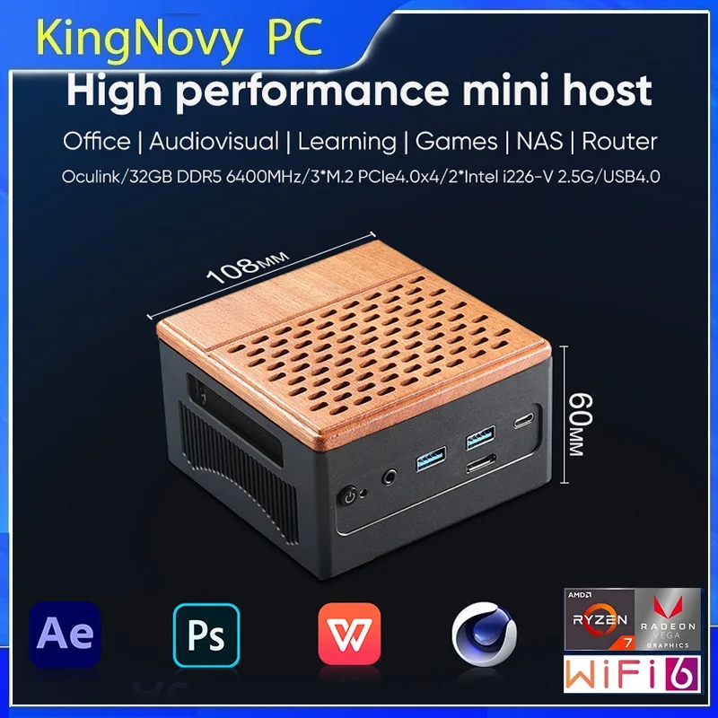 Kingnovy NAS Mini PC AMD Ryzen 7 7840HS ES Oculink 3*PCIe4.0x4 DDR5 6400MHz 2*2.5G Router USB4 Windows 11Gmaing Computer  WiFi6